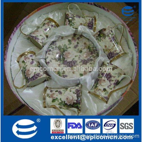 luxury gold and purple flowers decal bone china tea set for six people in stock